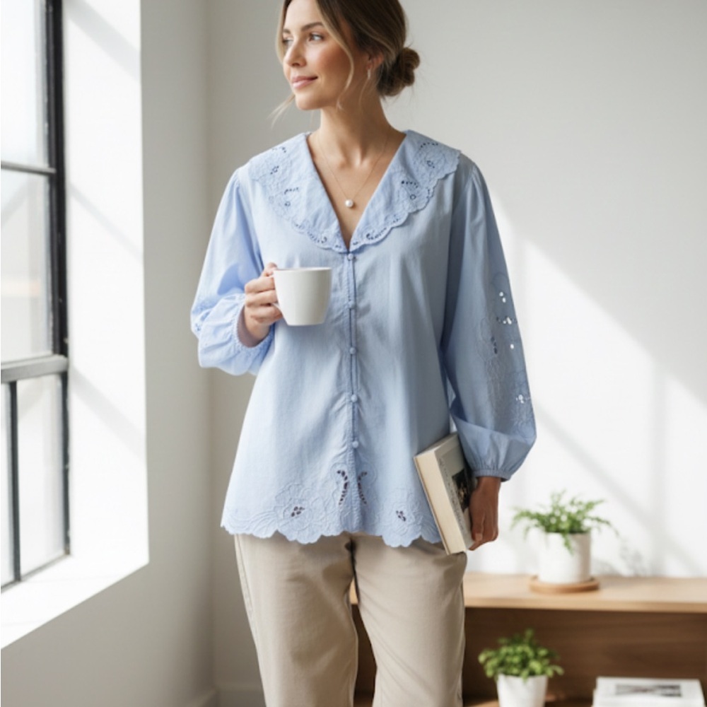Light Blue Eyelet V-Neck Button Front Women's Top